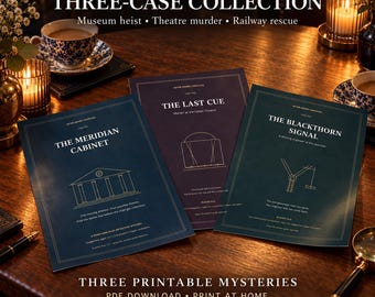 Three Printable Mystery Games - Museum Heist, Theatre Murder & Railway Rescue, Detective PDF Bundle