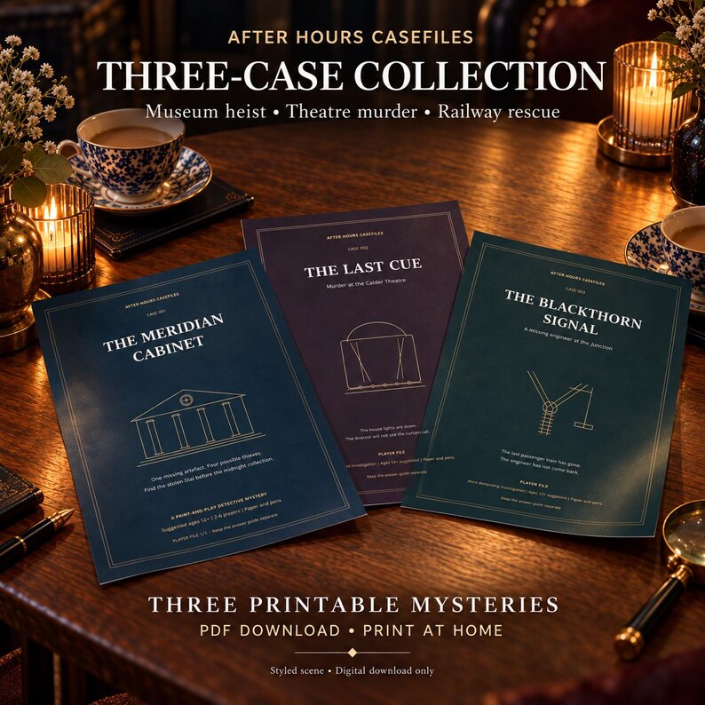 May include: Three printable mystery game files titled After Hours Casefiles: The Meridian Cabinet, The Last Cue, and The Blackthorn Signal. Each document features a gold-lined border, a central graphic, and descriptive text on a dark background.