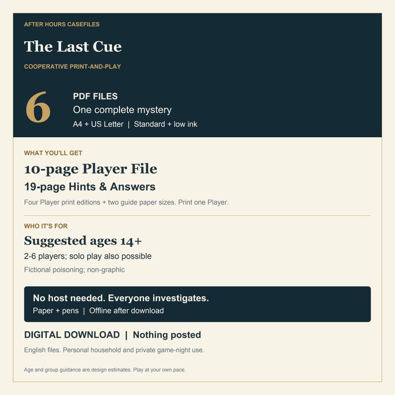 May include: A digital print-and-play cooperative mystery game titled The Last Cue by After Hours Casefiles. Includes a 10-page player file, 19-page hints and answers, and 6 PDF files in A4 and US Letter sizes for 2-6 players aged 14+.