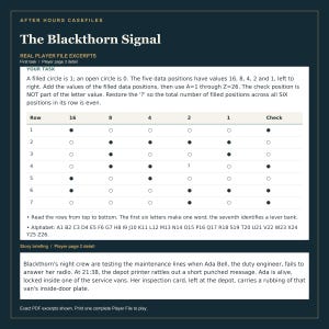 May include: A document titled The Blackthorn Signal featuring a logic puzzle table with rows of filled and open circles representing binary data. The text includes instructions for decoding letters and a story briefing about a missing engineer named Ada Bell.