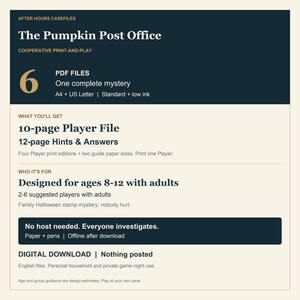 Pode incluir: Um jogo de mist&eacute;rio digital para imprimir intitulado The Pumpkin Post Office. Inclui 6 arquivos PDF, um arquivo de jogador de 10 p&aacute;ginas e 12 p&aacute;ginas de dicas e respostas. Projetado para idades de 8-12 com adultos, 2-6 jogadores. Requer papel e canetas.