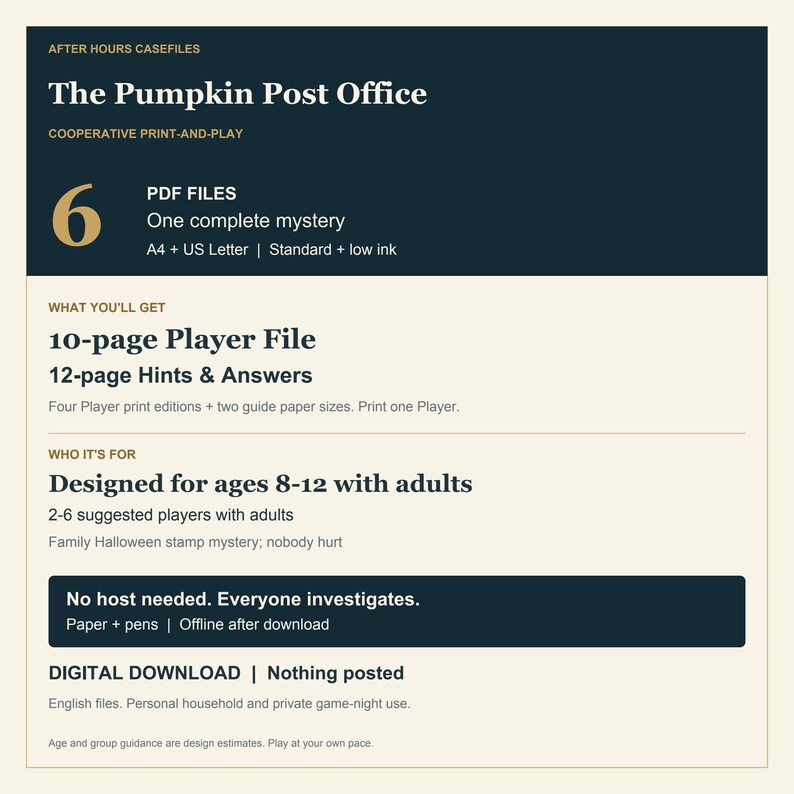 Pode incluir: Um jogo de mist&eacute;rio digital para imprimir intitulado The Pumpkin Post Office. Inclui 6 arquivos PDF, um arquivo de jogador de 10 p&aacute;ginas e 12 p&aacute;ginas de dicas e respostas. Projetado para idades de 8-12 com adultos, 2-6 jogadores. Requer papel e canetas.