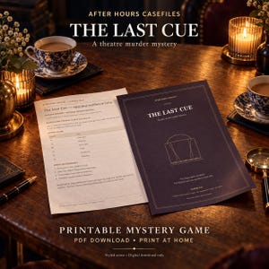 May include: A printable mystery game titled After Hours Casefiles: The Last Cue, featuring a dark purple player file cover with gold line art and a white evidence folio document, displayed on a wooden table with tea cups and a magnifying glass.