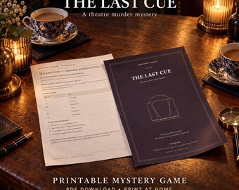 May include: A printable mystery game titled After Hours Casefiles: The Last Cue, featuring a dark purple player file cover with gold line art and a white evidence folio document, displayed on a wooden table with tea cups and a magnifying glass.