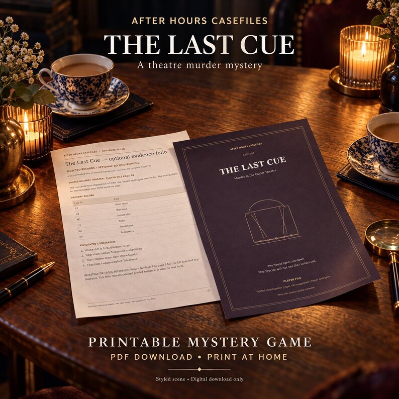 May include: A printable mystery game titled After Hours Casefiles: The Last Cue, featuring a dark purple player file cover with gold line art and a white evidence folio document, displayed on a wooden table with tea cups and a magnifying glass.