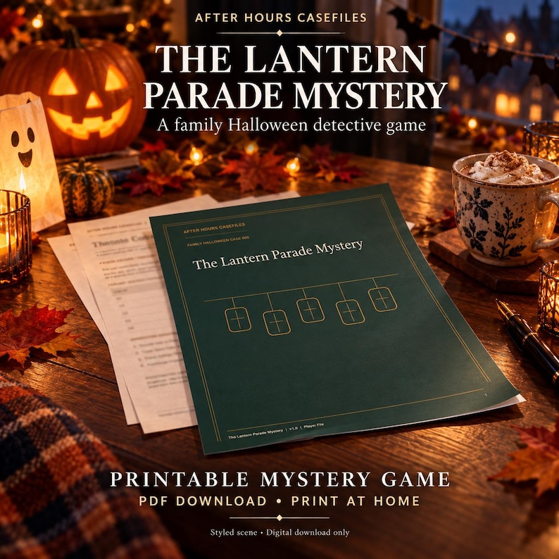 May include: A dark green game booklet titled The Lantern Parade Mystery with gold line art of five hanging lanterns. The document is part of a family Halloween detective game, featuring printed pages on a wooden surface with a fountain pen.