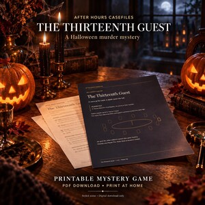 May include: A printable murder mystery game titled The Thirteenth Guest, featuring a dark blue player file document with a table diagram, placed on a wooden table alongside two lit black candles and two carved jack-o'-lanterns.
