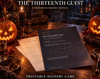 May include: A printable murder mystery game titled The Thirteenth Guest, featuring a dark blue player file document with a table diagram, placed on a wooden table alongside two lit black candles and two carved jack-o'-lanterns.
