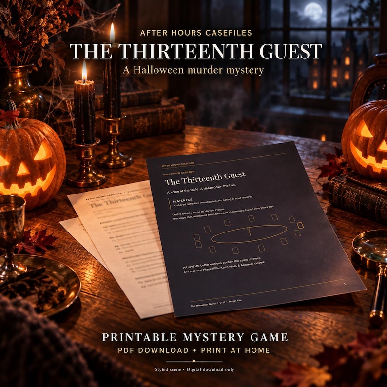 May include: A printable murder mystery game titled The Thirteenth Guest, featuring a dark blue player file document with a table diagram, placed on a wooden table alongside two lit black candles and two carved jack-o'-lanterns.