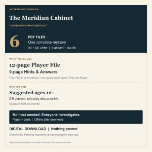 Pode incluir: Um jogo de mist&eacute;rio digital para imprimir intitulado The Meridian Cabinet. Inclui 6 arquivos PDF, um arquivo de jogador de 12 p&aacute;ginas e 9 p&aacute;ginas de dicas e respostas. Para maiores de 12 anos, 2-6 jogadores ou solo. Requer papel e canetas.