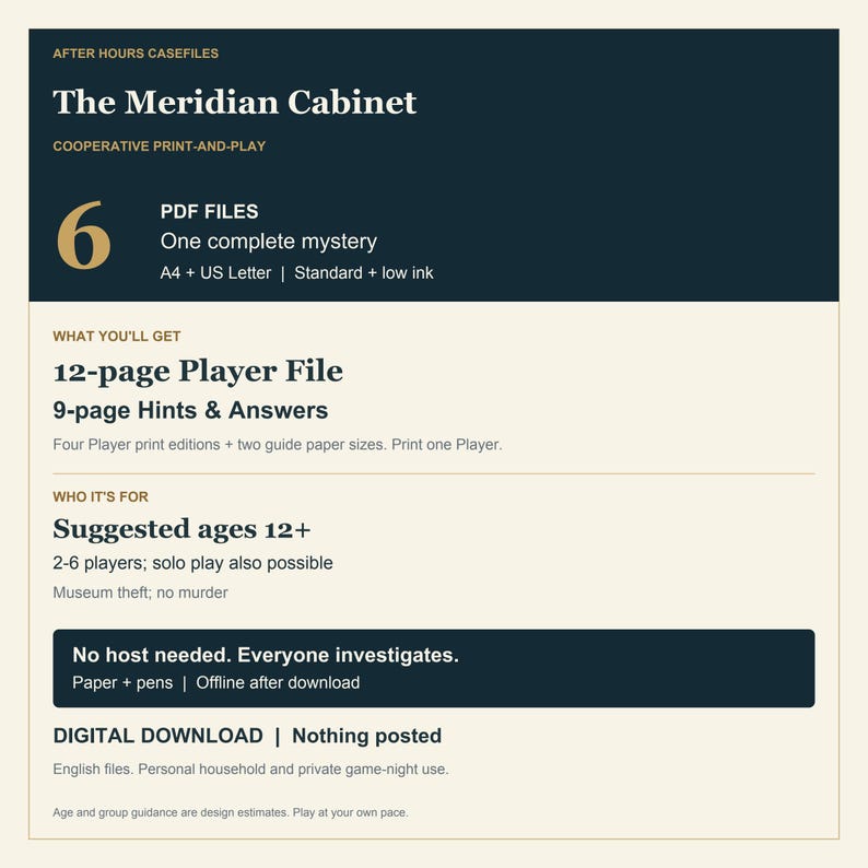 Pode incluir: Um jogo de mist&eacute;rio digital para imprimir intitulado The Meridian Cabinet. Inclui 6 arquivos PDF, um arquivo de jogador de 12 p&aacute;ginas e 9 p&aacute;ginas de dicas e respostas. Para maiores de 12 anos, 2-6 jogadores ou solo. Requer papel e canetas.