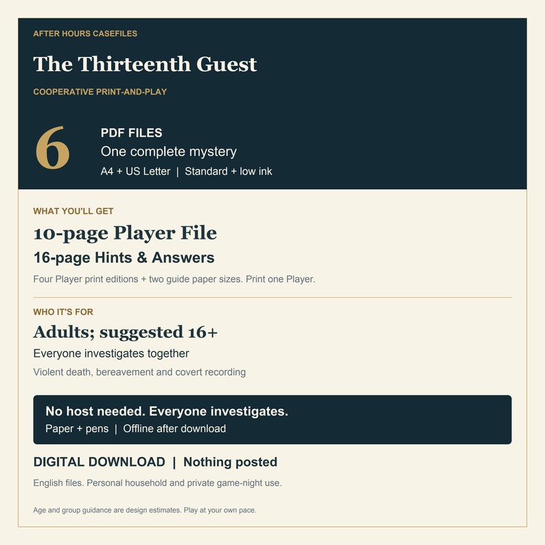 May include: A digital print-and-play mystery game titled The Thirteenth Guest. Includes 6 PDF files, a 10-page player file, and 16-page hints and answers. Designed for adults 16 and older, this cooperative game requires paper and pens for play.
