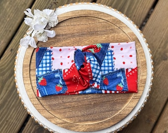 Strawberry blue Jean patch red white wide twisted headband,nurse headband,boho headband,healthcare headband,twist headband with buttons
