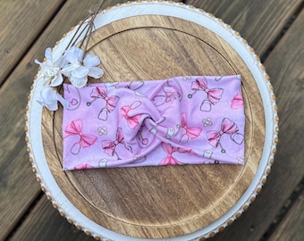 Twisted Stethoscope Print Headband, Pink Bow Nurse Accessory, Wide Turban Style