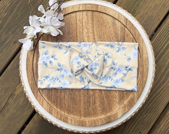 Fascia per capelli da infermiera da donna, gialla e blu, con motivo floreale intrecciato, turbante morbido ed elastico, stile boho, con bottoni opzionali.