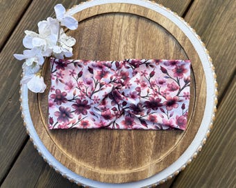 Purple Floral Twisted Headband, Wide Boho Turban, Stretchy Fabric Headwear