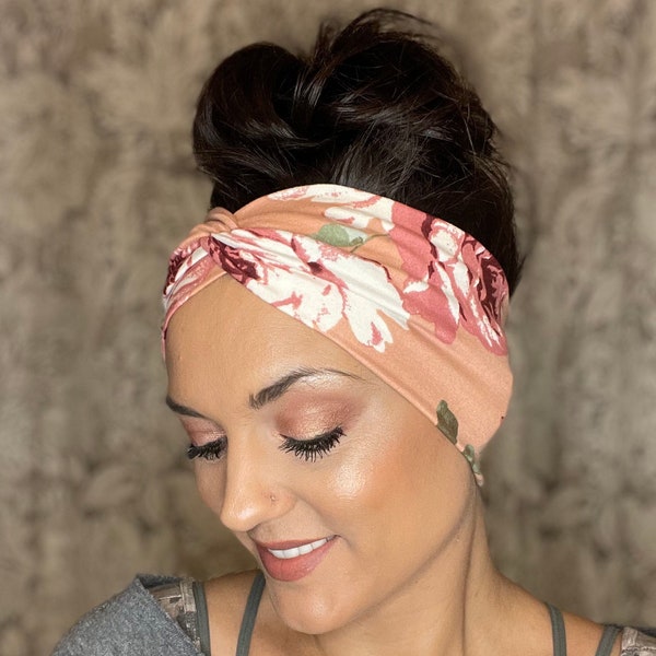 Adult peachy pink floral twisted wide headband,turban headband,bridal headband,wedding headband,boho head wrap,headband with buttons