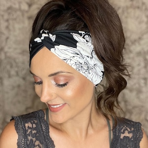 Women’s floral headband, flower headband,black floral headband,boho headband,adult headband,topknot headband,wide twist headband,white
