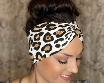 Leopard Print Twisted Turban Headband, Stretchy Knit Headwrap, Workout Style