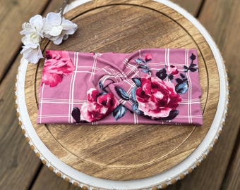 Pink Plaid Floral Twist Headband, Boho Style