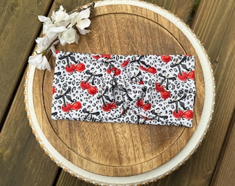Fascia per capelli da donna con stampa leopardata e ciliegie, con bottoni, fascia per mascherine, fascia da infermiera, fascia salva-orecchie, fascia intrecciata, turbante boho,
