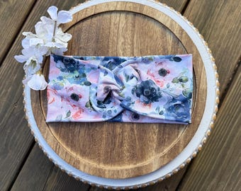 Blue Pink Floral Wide Twisted Headband, Boho Turban, Stretchy Fabric Hair Accessory
