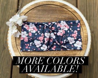 Women’s pink green blue cherry blossoms Floral Twisted Headband, Wide Boho Turban Hair Accessory