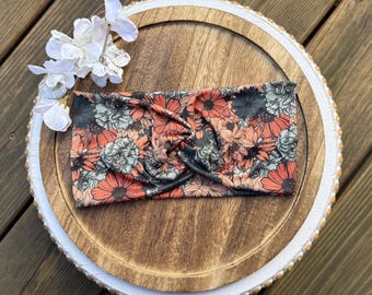 Orange Floral Wide Twisted Headband, Boho Turban, Stretchy Fabric Headband