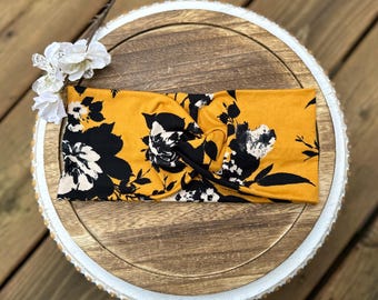 Women’s floral headband, flower headband,black floral headband,boho headband,adult headband,topknot headband,wide twist headband,mustard