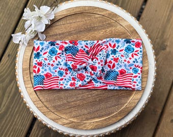 American flag red white blue floral women’s  wide twisted headband,nurse headband,boho headband,healthcare headband, headband with buttons