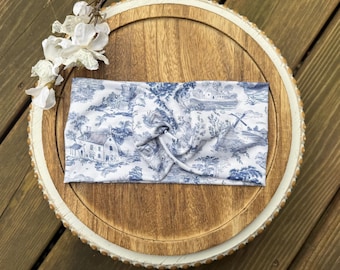 Fascia per capelli da donna blu con stampa Toile de Jouy vintage, turbante morbido ed elastico, stile boho, con bottoni opzionali
