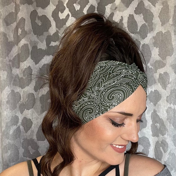 Adult olive tribal twisted wide headband,turban headband,fitness headband,adult headband,boho head wrap,headband with buttons