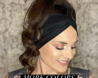Women’s Black white grey ivory tan Twist Headband, 4 Inch Wide, Stretchy Brushed Fabric, Workout Style