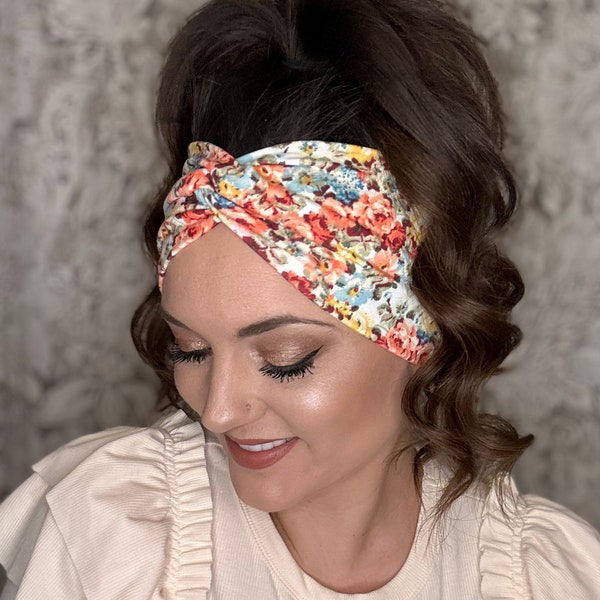 Womens Headband with buttons for masks,flower headband, nurse headband, topknot headband,orange floral twisted wide headband,newborn