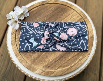 Navy Floral Twist Headband, Wide Boho Style
