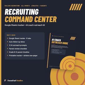 May include: A digital product titled Recruiting Command Center featuring a Google Sheets tracker and AI coach-outreach kit. The graphic includes a list of contents like a 6-tab sheet, 12 AI prompts, and a parent review checklist on a dark background.