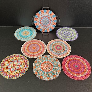 Mandala Diamond Art Coasters, Set of 8 with Cork Backing and Rack