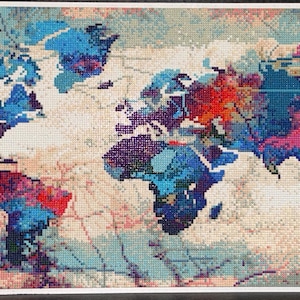 Completed Diamond Art World Map on Canvas, Mounted (30x14.75), Acrylic Bead Art