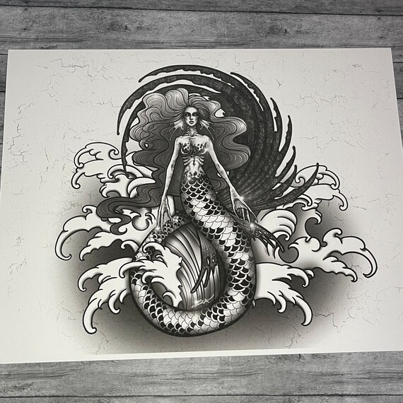 Deep Sea Mermaid Art Print 8.5” x 11”| Mermaid Print | Black and White Mermaid Art | Mermaid Tattoo Design Art | Dark Art Print | Matte