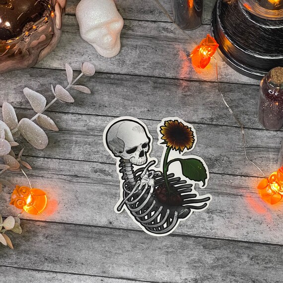 Sunflower Heart Skull Sticker | Vinyl Sticker | Skull Decal | Sunflower Sticker | Halloween | Spooky | Skull Art | waterproof