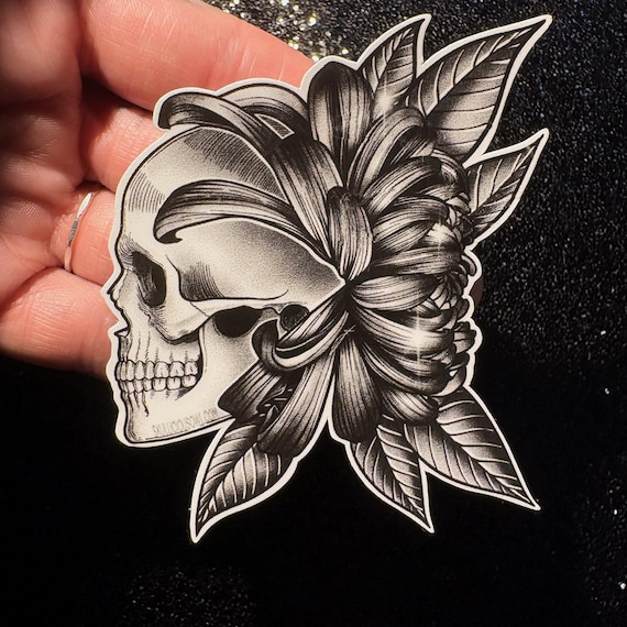 Matte Skull Chrysanthemum Sticker, Black Grey Tattoo Flash Art, Gothic Floral Decal