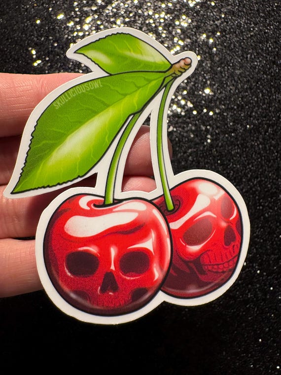 Skull Cherry Sticker, Gothic Tattoo Art Decal, Waterproof Vinyl Laptop Sticker