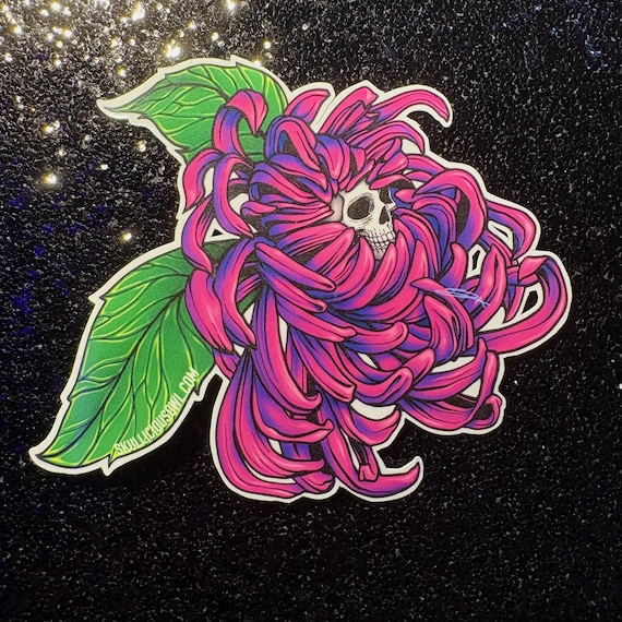 Fuchsia Skull Chrysanthemum Sticker, Gothic Floral Tattoo Decal, Glossy Vinyl Botanical Art