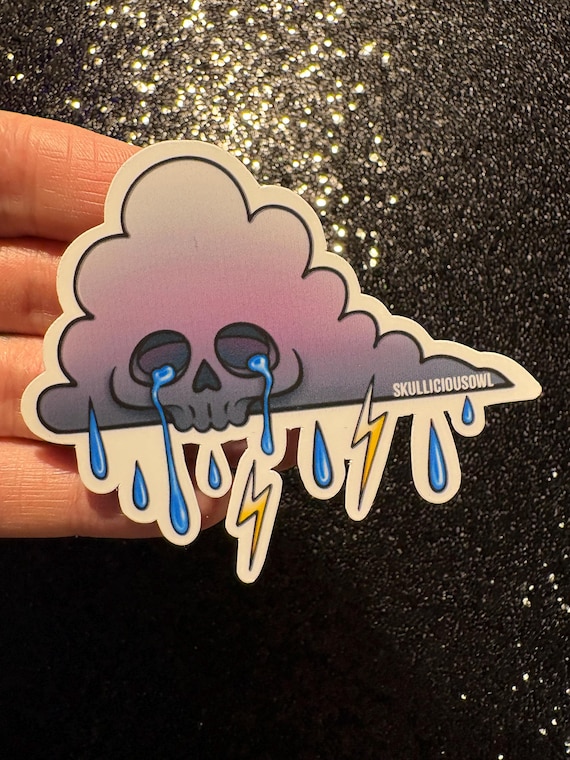 Matte Crying Skull Cloud Sticker, Pastel Goth Decal, Spooky Weather Vinyl, Alt Lightning Tears