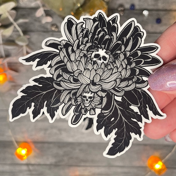 Skull Chrysanthemums Sticker | Chrysanthemum Tattoo Design | SkullMums Sticker | Black and white Flower Design