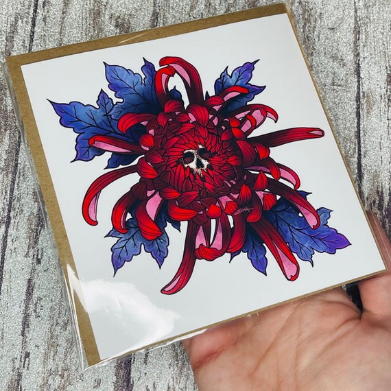 Chrysanthemums Skull Art Print 5”x5” | Chrysanthemum Tattoo Design | SkullMum Glossy Print | Red Flower Print | Blue Flower Wall Decor