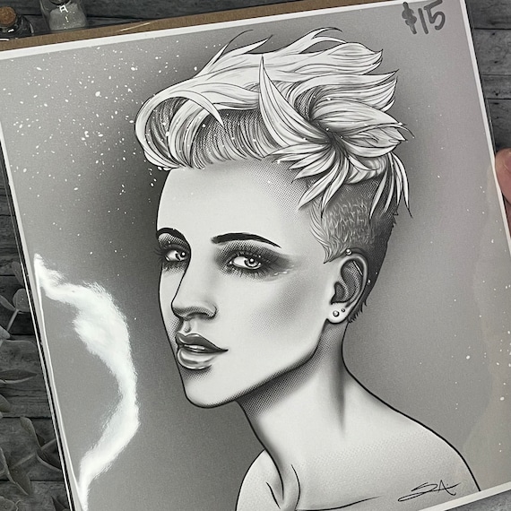 Blonde Undercut Art Print 10”x 10”| Realism Art Print | Black and White Art Print | Digital Art | Matte Print | Hair Salon Art