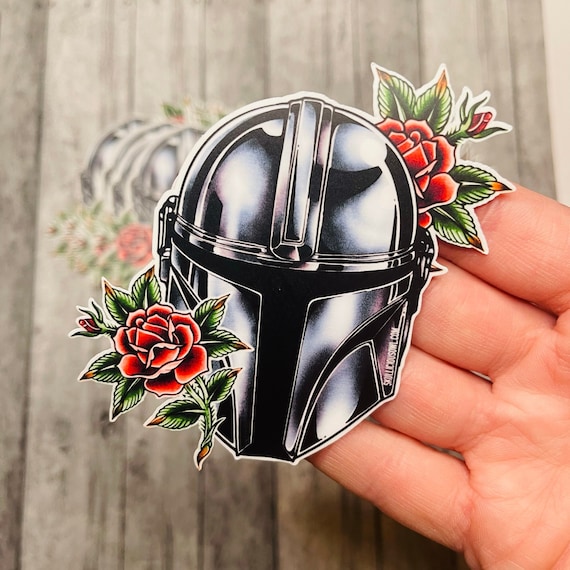 Mando Helmet Sticker | The Mandalorian Sticker | Mando Decal | Rose Tattoo Flash Art Sticker