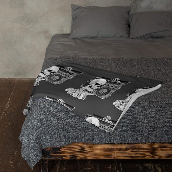 Skelly Boombox Throw Blanket | Skeleton Music Blanket | Cozy Rock-n-Roll Skeleton Art Throw for Alt Homes & Studios