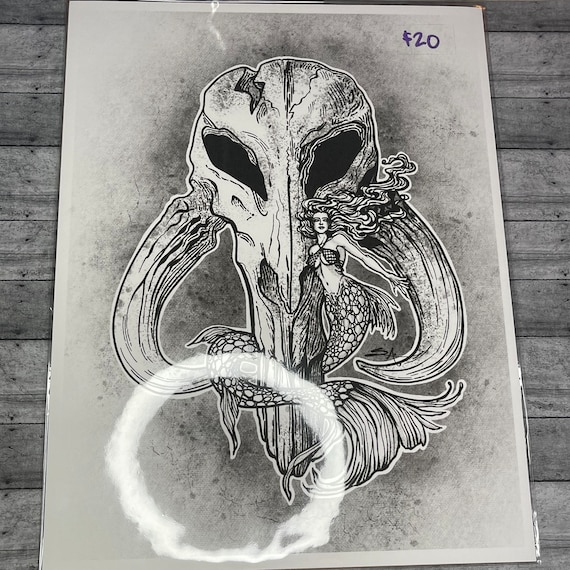 Mythosaur Mermaid Art Print 8.5”x11” | Mandalorian Art Print | Black and White Art Print | Digital Art | Matte Print | Mythosaur Skull Art